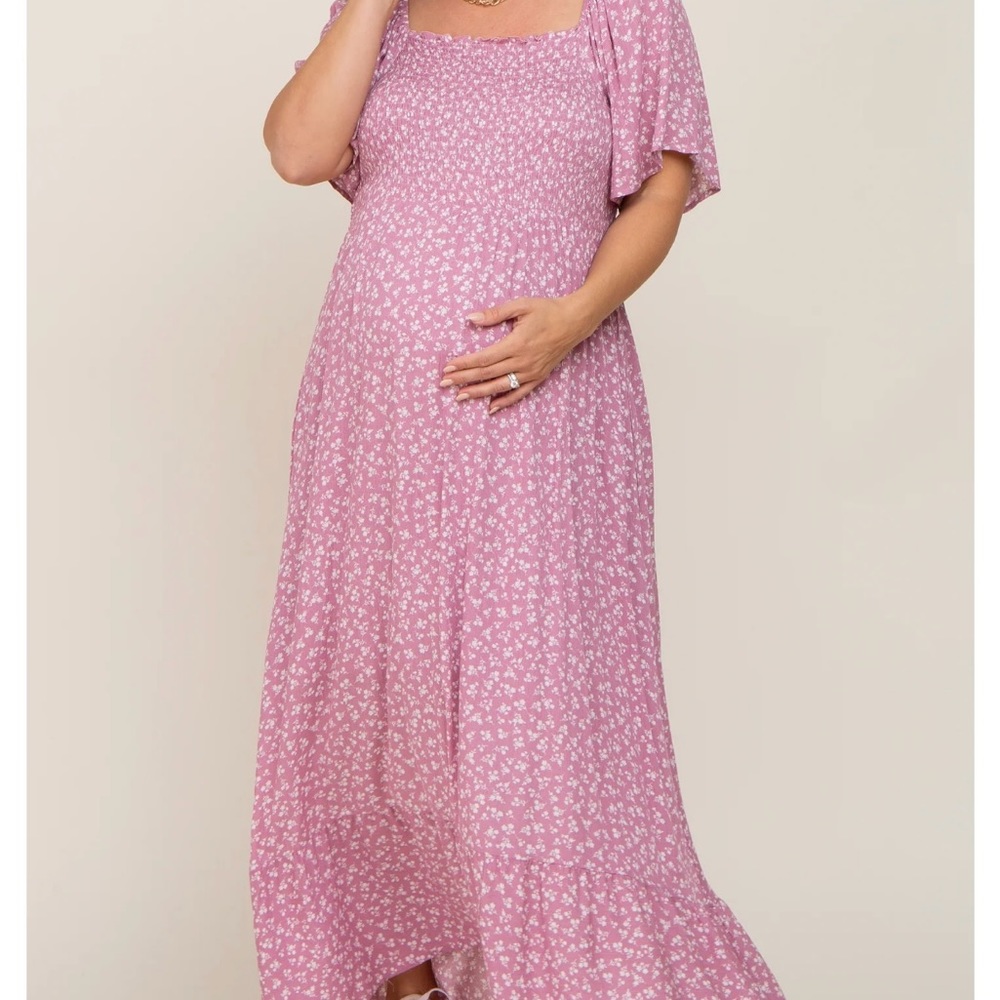 Pinkblush Lavender Floral Smocked Flounce Sleeve Maternity Plus Maxi Dress- 1X